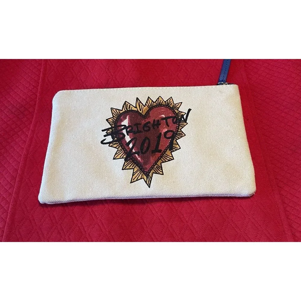 NWOT BRIGHTON LOVE OF ART 2019 SMALL COSMETIC PENCIL POUCH‎ IVORY CANVAS ZIPPED